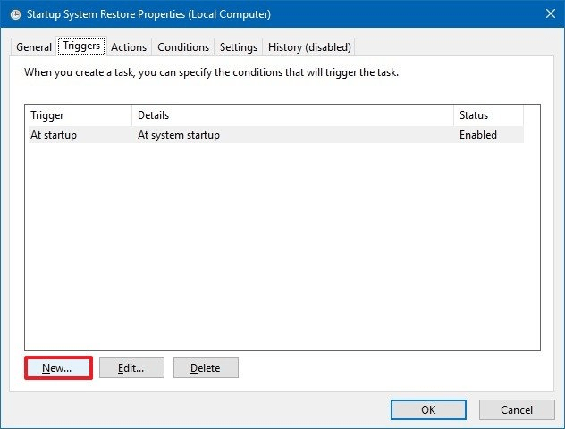 Creating a system restore point during startup