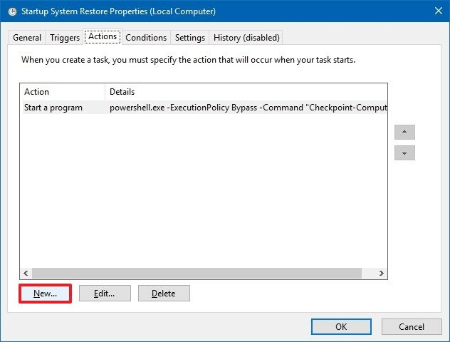 Creating a system restore point during startup